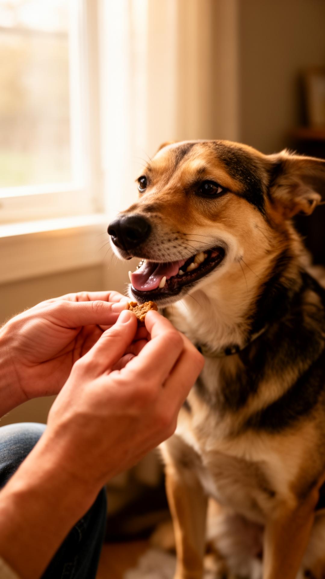 A hand offering a treat to a happy rescue dog